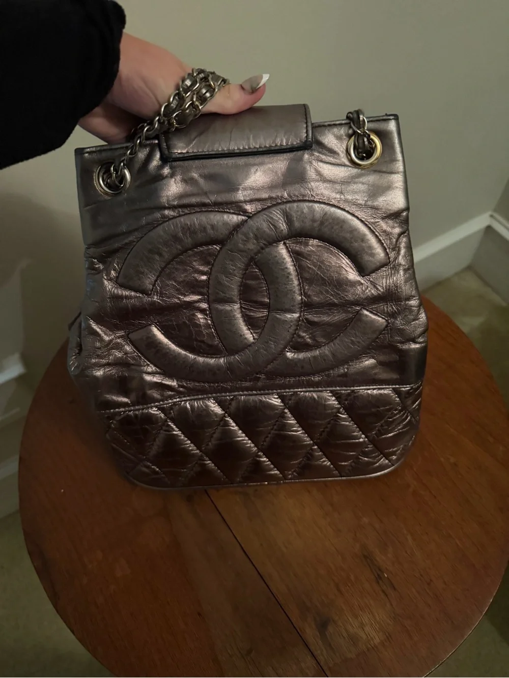 Vintage CHANEL Metallic Silver Quilted Leather Shoulder Bag with CC Logo
